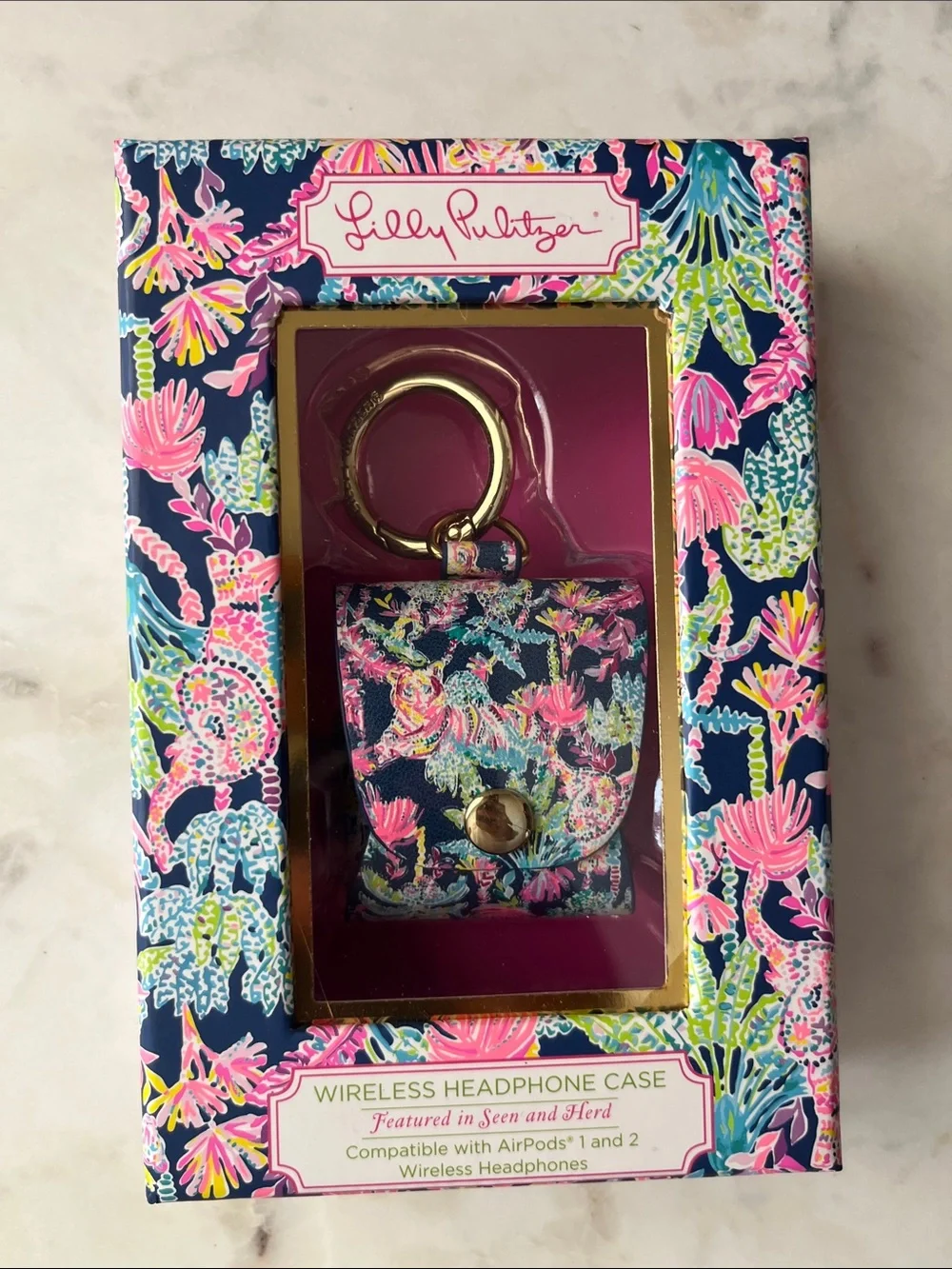 Lilly Pulitzer Navy Floral AirPod Keychain Case with Gold Hardware